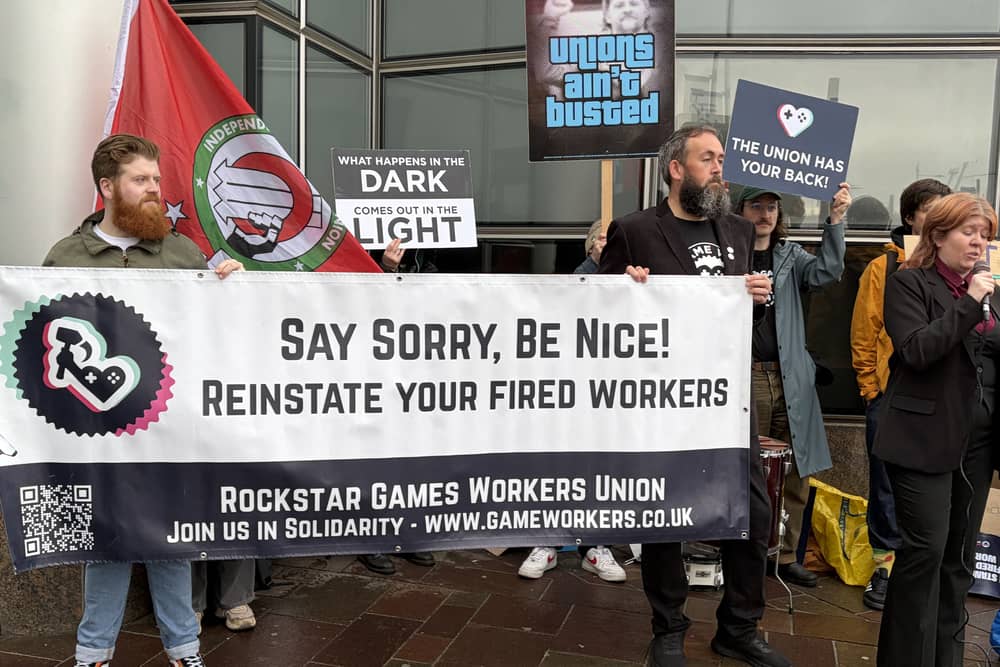Former Rockstar Games employees holding a rally