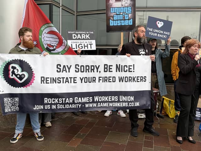 Former Rockstar Games employees holding a rally