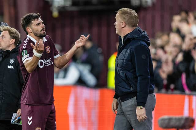 Hearts head coach Wouter Vrancken and striker Claudio Braga