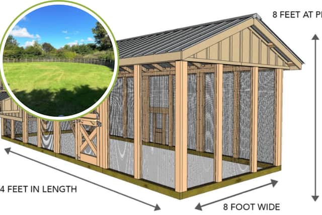 An artist's impression of the planned chicken coop, which would be placed on vacant grassland, inset.