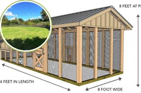 An artist's impression of the planned chicken coop, which would be placed on vacant grassland, inset.