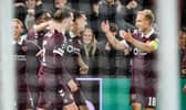 Hearts' Oisin McEntee (C) celebrates with Jamie McCart (L) and Harry Milne (R) after scoring to make it 1-0 during a UEFA Conference League 2026/27 League Phase MD1 match between Heart of Midlothian and FC Nordsjaelland