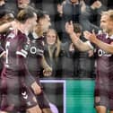 Hearts' Oisin McEntee (C) celebrates with Jamie McCart (L) and Harry Milne (R) after scoring to make it 1-0 during a UEFA Conference League 2026/27 League Phase MD1 match between Heart of Midlothian and FC Nordsjaelland