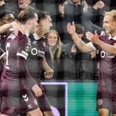 Hearts' Oisin McEntee (C) celebrates with Jamie McCart (L) and Harry Milne (R) after scoring to make it 1-0 during a UEFA Conference League 2026/27 League Phase MD1 match between Heart of Midlothian and FC Nordsjaelland