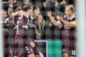 Hearts' Oisin McEntee (C) celebrates with Jamie McCart (L) and Harry Milne (R) after scoring to make it 1-0 during a UEFA Conference League 2026/27 League Phase MD1 match between Heart of Midlothian and FC Nordsjaelland