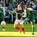 Hibernian's Thibault Klidje puts his shot wide of the post during a William Hill Premiership match between Hibernian and Falkirk