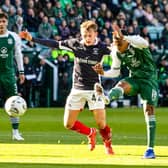 Hibernian's Thibault Klidje puts his shot wide of the post during a William Hill Premiership match between Hibernian and Falkirk