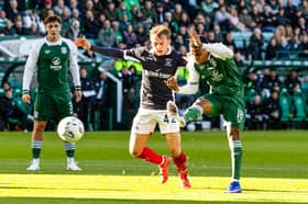 Hibernian's Thibault Klidje puts his shot wide of the post during a William Hill Premiership match between Hibernian and Falkirk