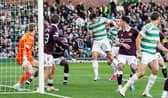 Celtic's Kieran Tierney scores to make it 1-0 during a William Hill Premiership match between Celtic and Heart of Midlothian