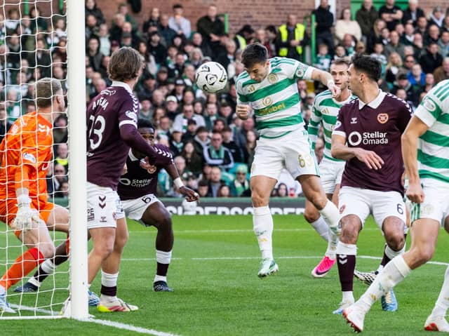 Celtic's Kieran Tierney scores to make it 1-0 during a William Hill Premiership match between Celtic and Heart of Midlothian