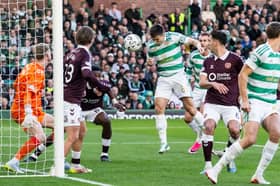 Celtic's Kieran Tierney scores to make it 1-0 during a William Hill Premiership match between Celtic and Heart of Midlothian
