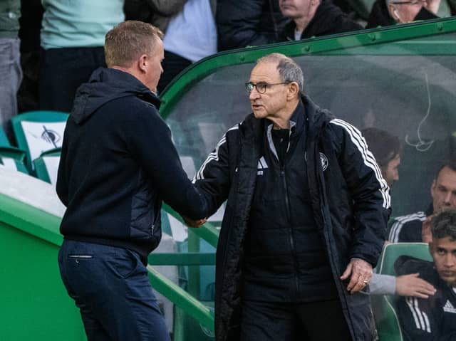 Celtic Manager Martin O'Neill (R) and Hearts Head Coach Wouter Vrancken 