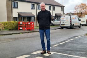 Gary Taylor, who lived at number 27 Baberton Mains Avenue, pictured outside the replacement row of homes which he and his wife are still to be move into, nearly three years after the explosion on December 1, 2023, which killed his neighbour James Smith, 84, and saw two other local residents taken to hospital.
