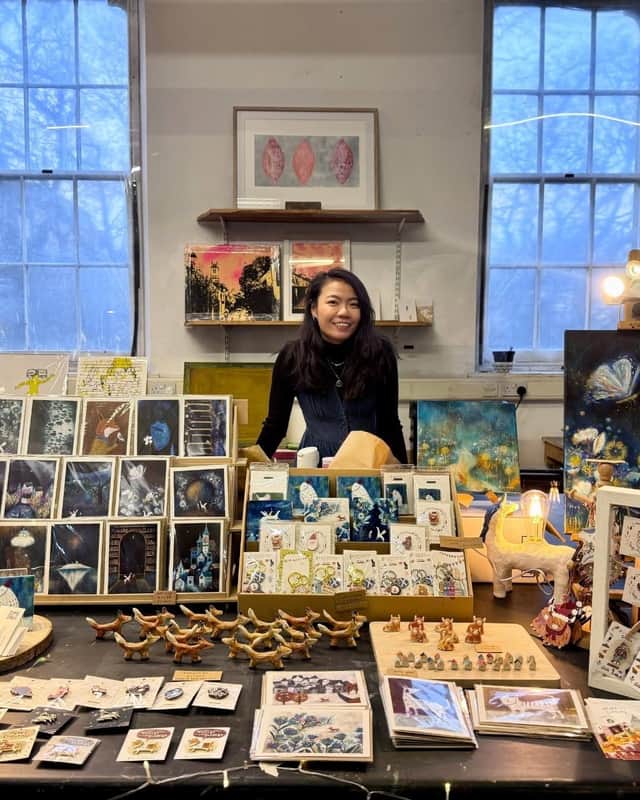 Trista Yen with work set up for the Winter Open Studios