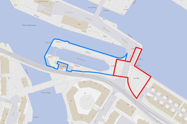 These plans show the car park at Leith Docks circled in red.