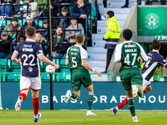  Falkirk's Jacob Murrell scores to make it 1-0 during a William Hill Premiership match between Hibernian and Falkirk 