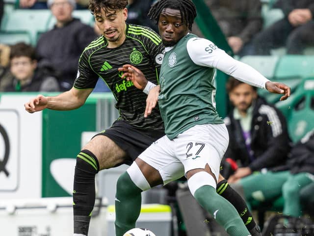 Celtic's Sebastian Tounekti and Hibernian's Kanayo Megwa in action 