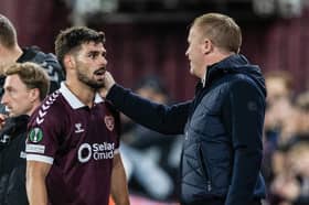 Hearts' Claudio Braga (L) with Head Coach Wouter Vrancken (R) 