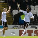  St Mirren's Paul Nsio (R) celebrates scoring to make it 1-1 with teammate Alex Gogic against Hibs