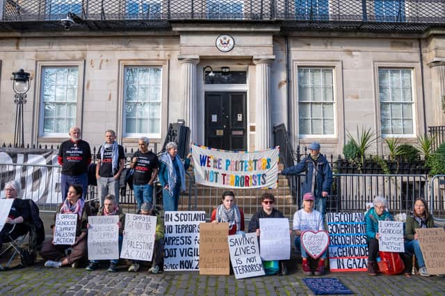 People take part in a protest outside the US Consulate in Edinburgh in support of Palestine Action. Picture: Jane Barlow/PA