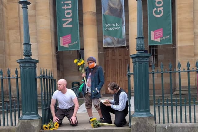 L-R, Joe Coffey, Donna Oblongata and Murray Andrews pose outside the National Galleries of Scotland