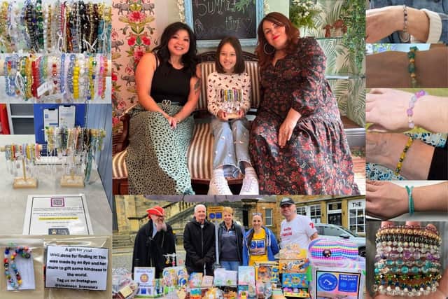(L) Bracelets and display at Westport Veterinary Clinic; (Centre) Jill, Emily and Mandi at Sage - Hair Alchemy salon in Linlithgow; The Walk For Jock at the Linlithgow Street Fair; (R) Bracelets enjoyed in the UK