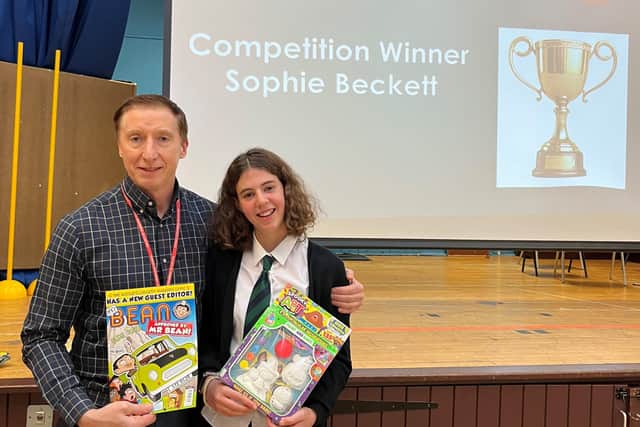 Stephen Gilhooley (Bruntsfield School Headteacher) and competition winner Sophie Beckett