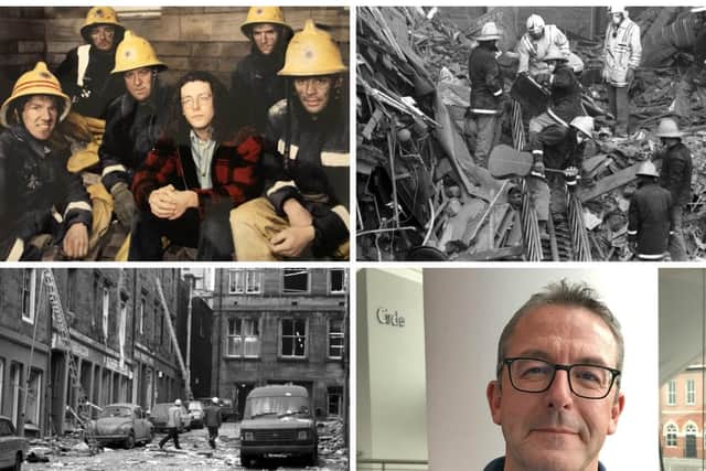 Martin Baptie now, and with the firemen who rescued him a year on from the blast. Other pictures show the firefighters who were brought in to search for survivors.
