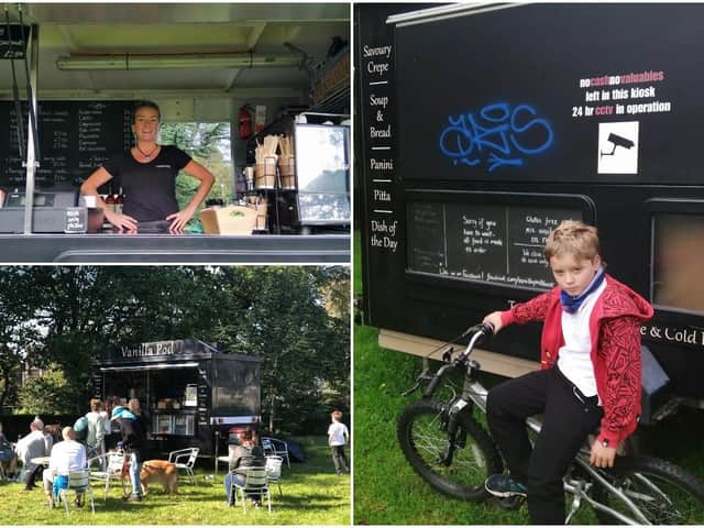 Lynsey in her Vanilla Pod, top left and her son, Murray, outside the food truck when it was graffitied in Leith Links