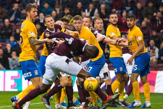 Clevid Dikamona misses a chance during Hearts' 1-0 defeat to Kilmarnock at Tynecastle. Picture: SNS
