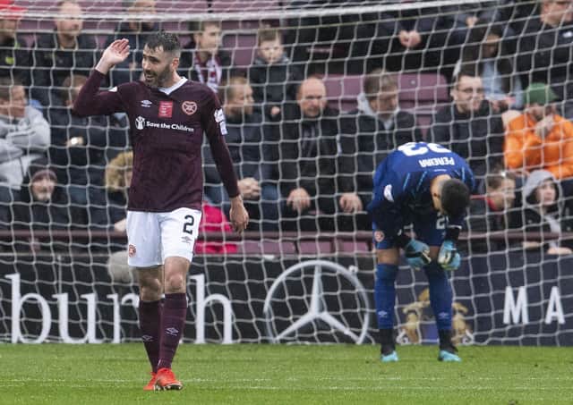 Hearts duo Michael Smith and Joel Pereira can't hide their frustration after the 1-0 defeat by Kilmarnock. Pic: SNS
