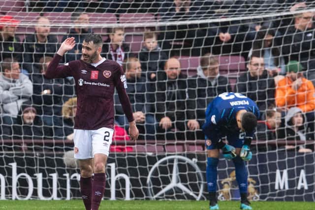 Hearts defender Michael Smith and Joel Pereira react after going 1-0 down to Kilmarnock on Saturday.