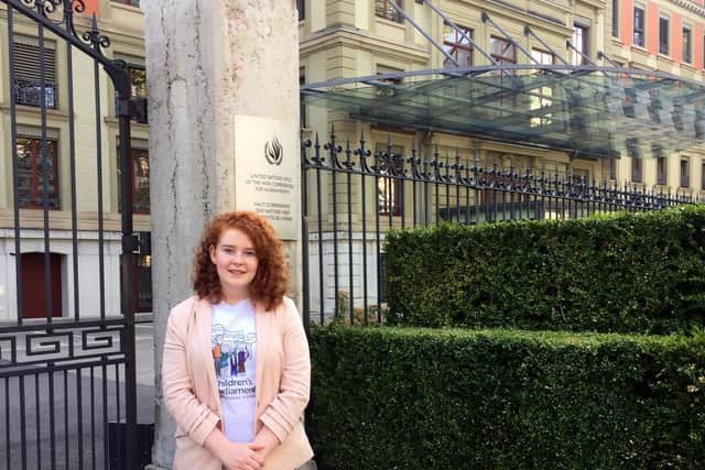 Hannah Richardson outside the UN headquarters in Geneva.