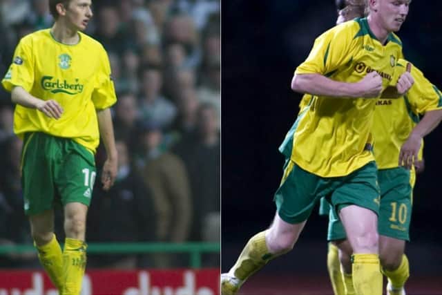 Hibs striker Derek Riordan (left) and Linis Pilibaitis of Kaunas wearing very similar yellow and green strips