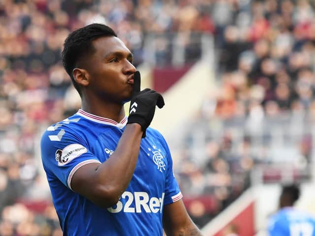 Alfredo Morelos celebrates his goal in front of the Hearts fans