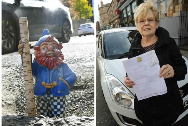 Pothole Pete was on hand to measure the extent of the hole. Theresa Muldoon was left with a repair bill after bursting her tyre. Picture: JPIMedia