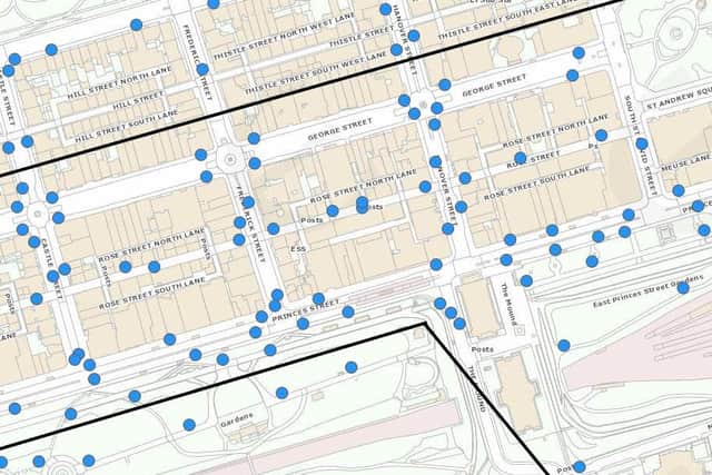 A map of the bins' locations, with each blue dot representing a bin.