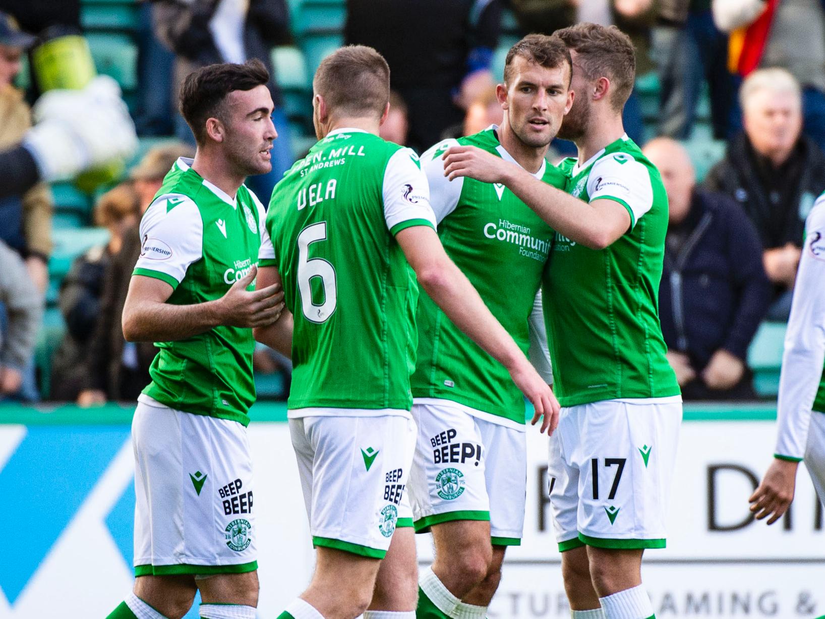 Hibs players celebrate the opener.