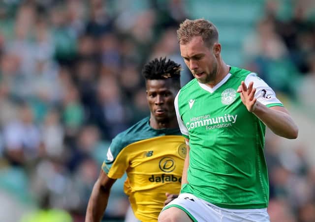 Steven Whittaker excelled in his emergency centre-half role for Hibs against Celtic. Pic: SNS
