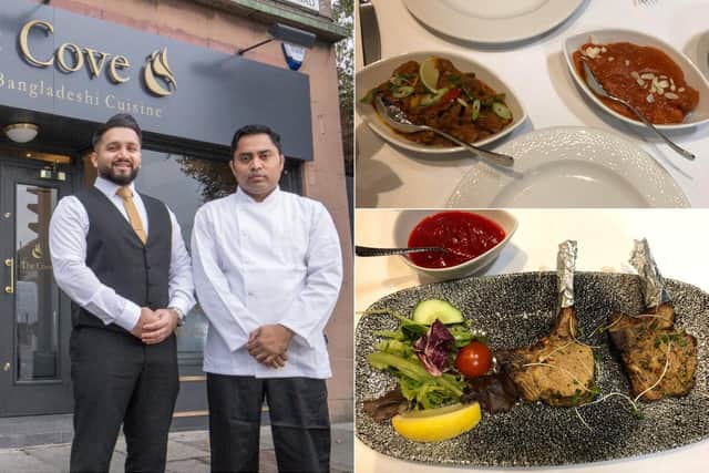 Masum Uddin (left and chef Jahed Miah. Lamb shatkora and chicken tikka masala (top right) and lamb chop starters (bottom right). Pic: opusultanphotography.