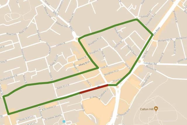 The diversion, show in green, and the closure of York Place, shown in red (Photo: Google)