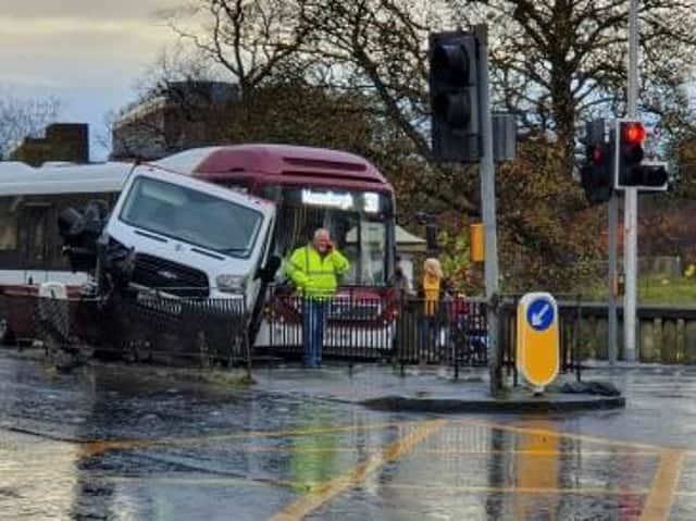 The images show the van ended up on the pedestrian crossing island, knocking down a traffic light. Picture: Daniel Fuller