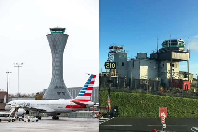 The old air traffic control tower (right) and the iconic new structure.