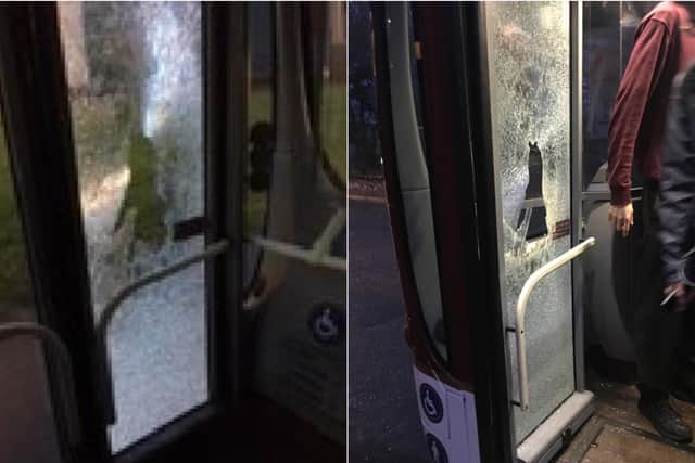 Damage to the bus door. Pictures: Chris Kirby.
