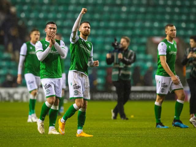 Hibs players celebrate their win over Motherwell. Pic: SNS