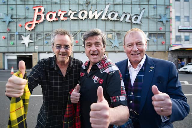 From left, Stuart Wood, Les McKeown and the late Alan Longmuir outside Glasgow Barrowland in 2015.