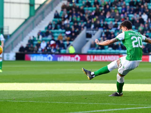 Melker Hallberb came closest to giving Hibs a first half lead against Ross County but the midfielder's early free kick came crashing back off the woodwork. Pic: SNS