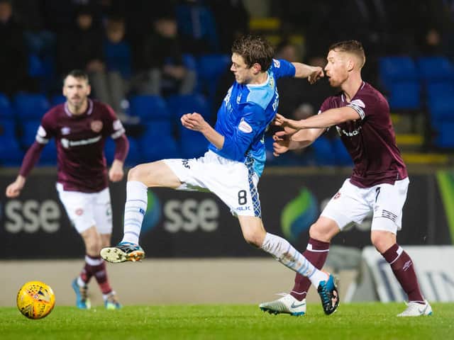Oliver Bozanic gets to grips with Murray Davidson during the last meeting at McDiarmid Park