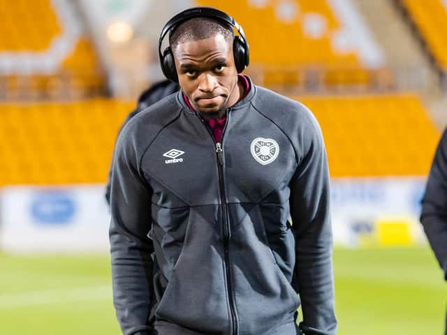 Hearts striker Uche Ikpeazu leads the line for the visitors in Perth tonight. Picture: SNS