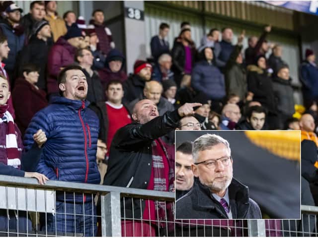 Hearts fans express their anger at Craig Levein, inset